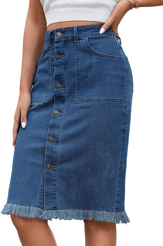 luvamia Women's Casual Mid Rise Button Down Frayed Raw Hem Denim Jean Midi Skirt
